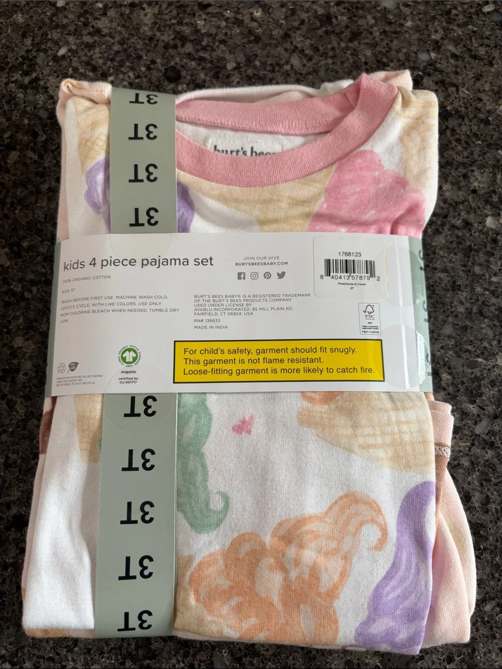 Burt's Bees Kids Light Pink Horse and White Ice Cream Print Pajama Sets - 3T NWT